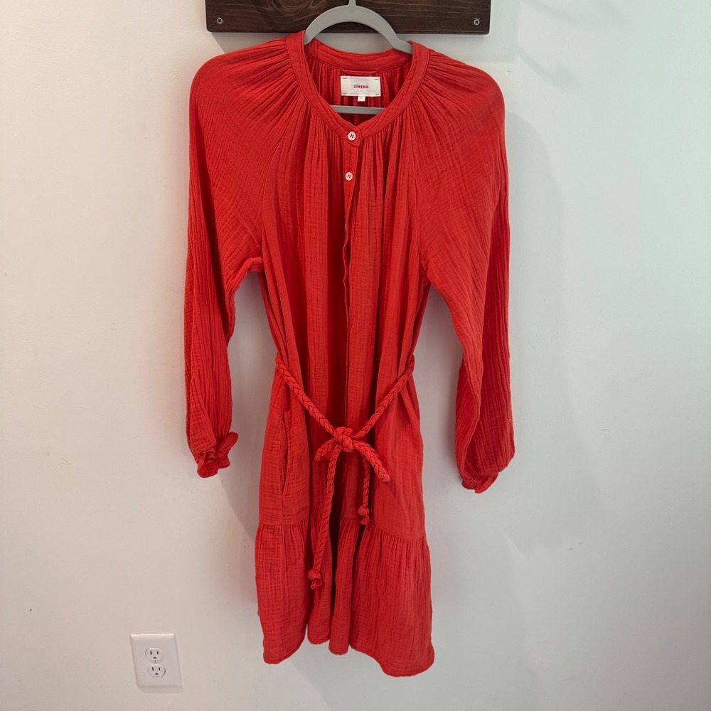 Xirena Rainey Cotton Gauze Tiered Mini Dress with Braided Belt Mandarin Medium